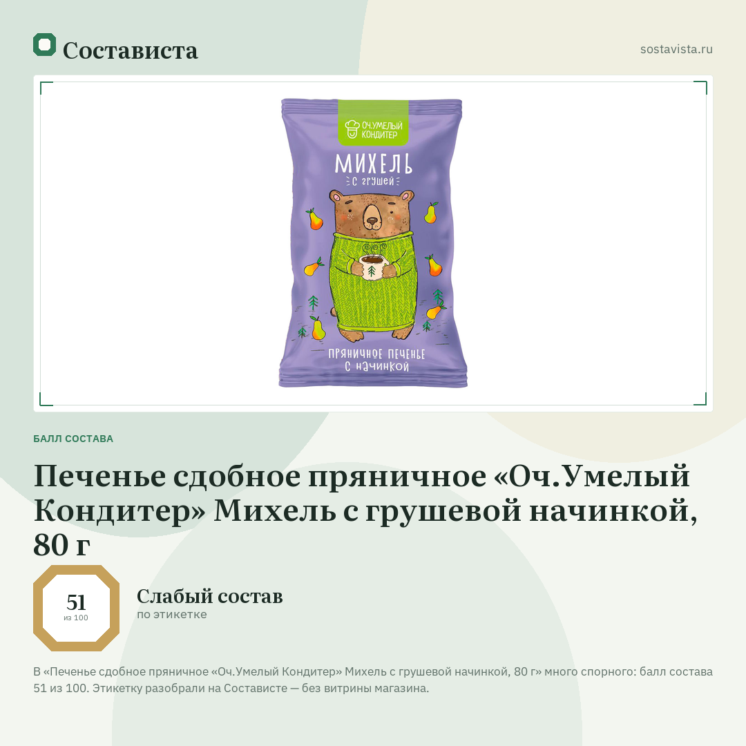 Печенье сдобное пряничное «Оч.Умелый Кондитер» Михель с грушевой начинкой, 80 г: балл состава 51 из 100 — Состависта