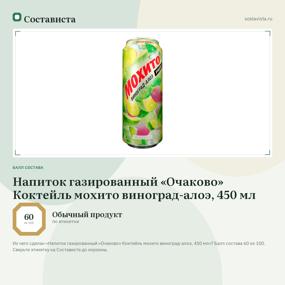 Напиток газированный «Очаково» Коктейль мохито виноград-алоэ, 450 мл: балл состава 60 из 100 — Состависта