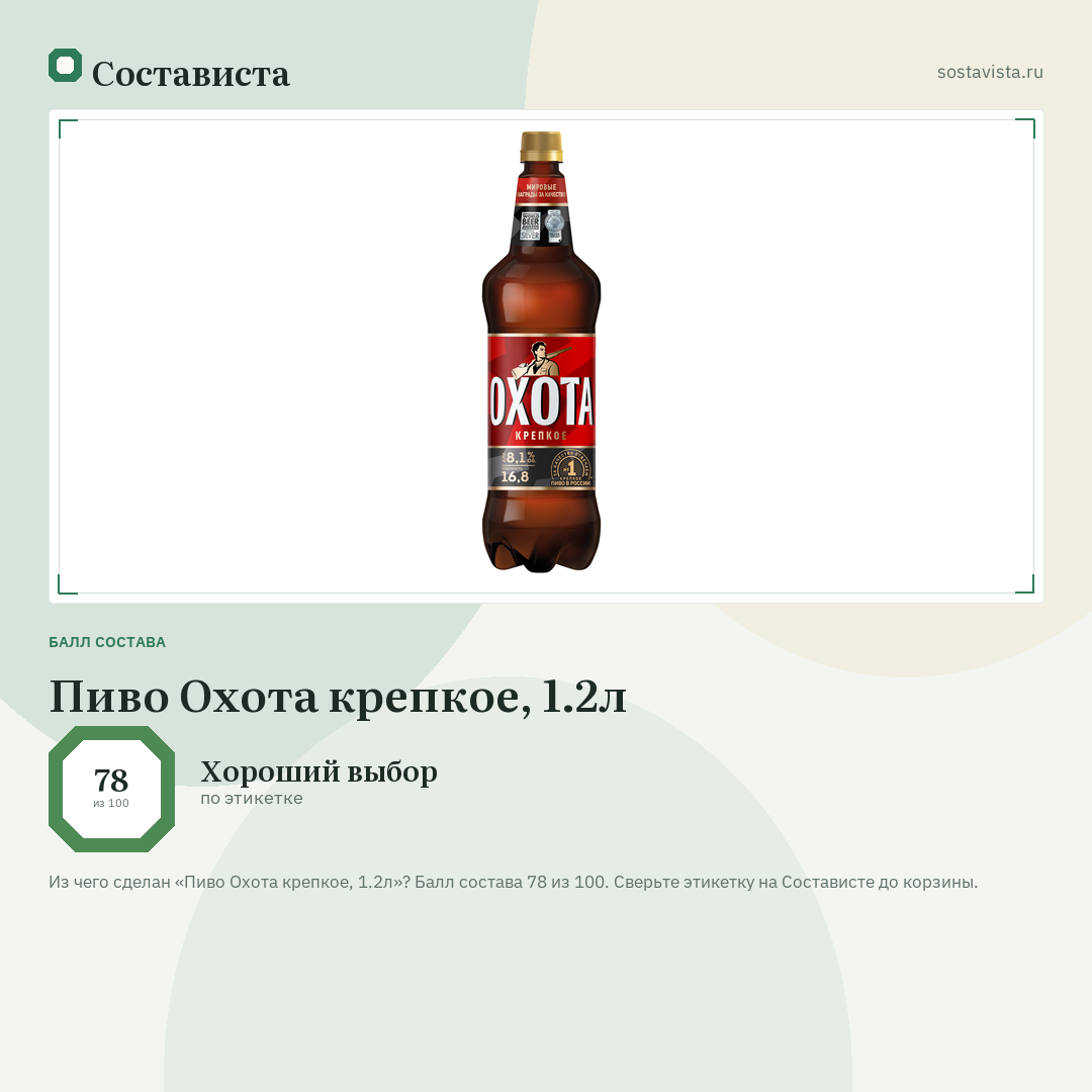 Пиво Охота крепкое, 1.2л: балл состава 78 из 100 — Состависта