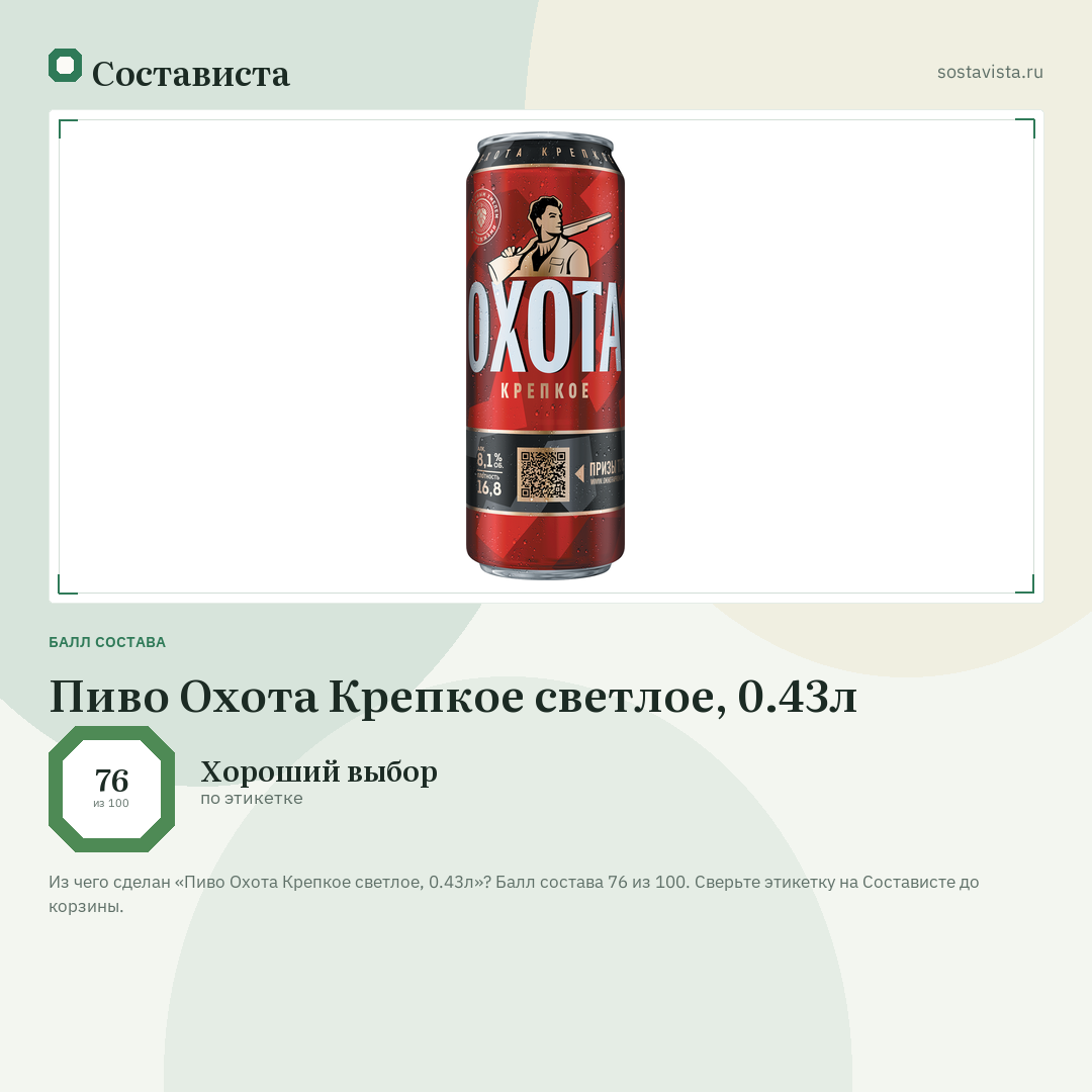 Пиво Охота Крепкое светлое, 0.43л: балл состава 76 из 100 — Состависта