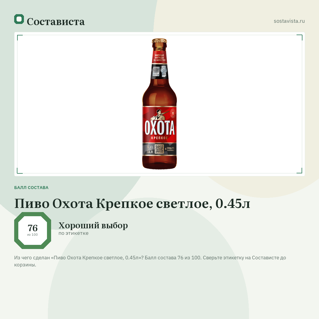 Пиво Охота Крепкое светлое, 0.45л: балл состава 76 из 100 — Состависта