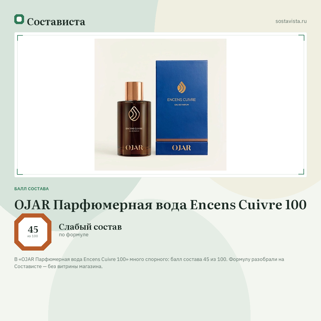 OJAR Парфюмерная вода Encens Cuivre 100: балл состава 45 из 100 — Состависта