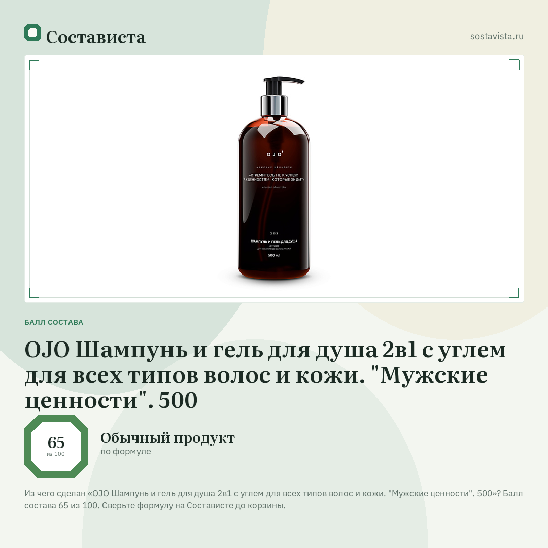 OJO Шампунь и гель для душа 2в1 с углем для всех типов волос и кожи. "Мужские ценности". 500: балл состава 65 из 100 — Состависта