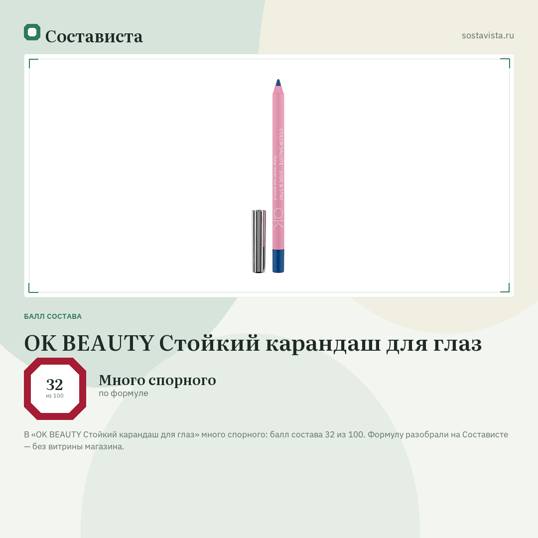 OK BEAUTY Стойкий карандаш для глаз: балл состава 32 из 100 — Состависта