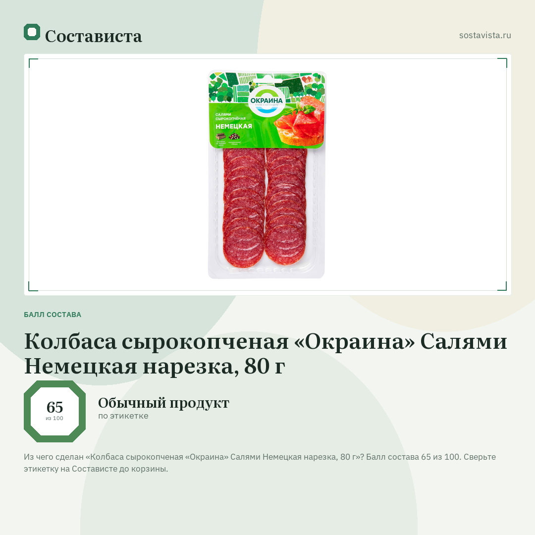Колбаса сырокопченая «Окраина» Салями Немецкая нарезка, 80 г: балл состава 65 из 100 — Состависта