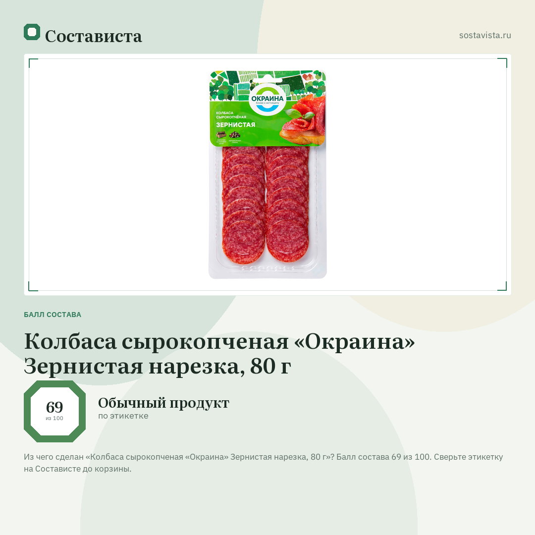 Колбаса сырокопченая «Окраина» Зернистая нарезка, 80 г: балл состава 69 из 100 — Состависта