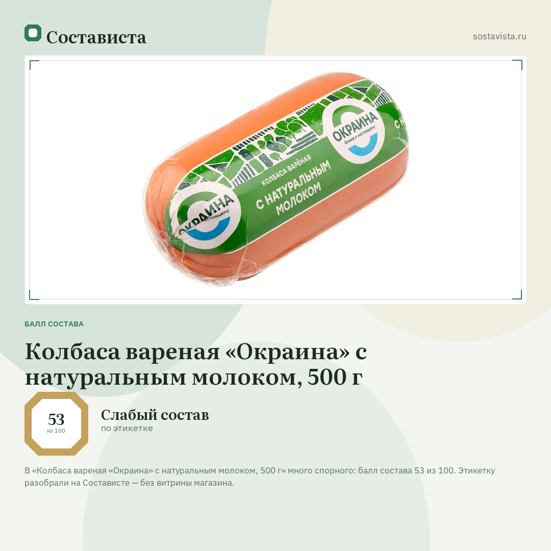 Колбаса вареная «Окраина» с натуральным молоком, 500 г: балл состава 53 из 100 — Состависта