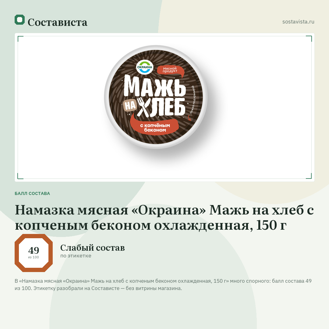Намазка мясная «Окраина» Мажь на хлеб с копченым беконом охлажденная, 150 г: балл состава 49 из 100 — Состависта