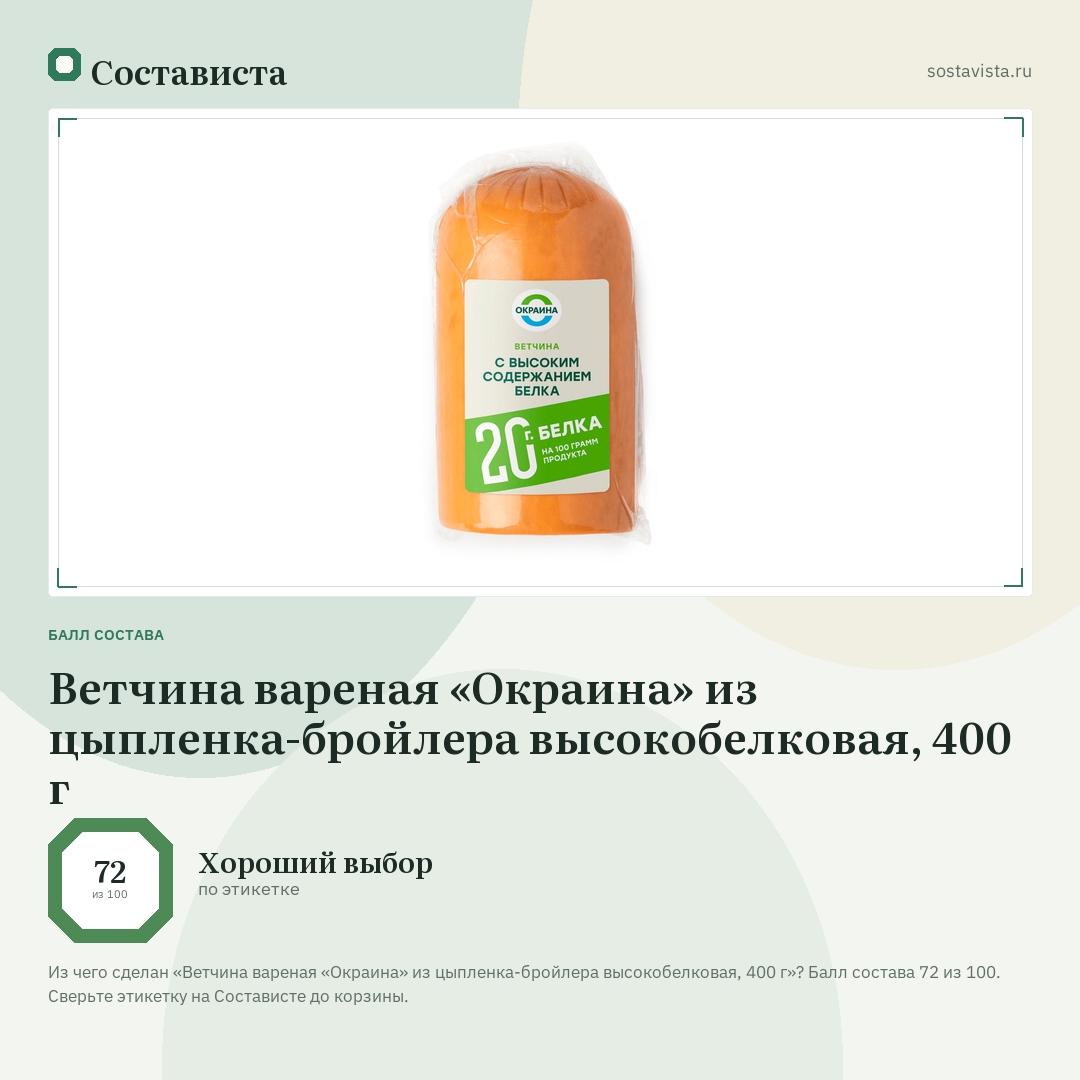 Ветчина вареная «Окраина» из цыпленка-бройлера высокобелковая, 400 г: балл состава 72 из 100 — Состависта