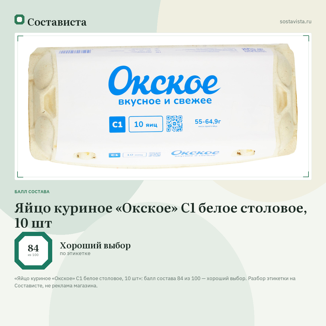 Яйцо куриное «Окское» С1 белое столовое, 10 шт: балл состава 84 из 100 — Состависта
