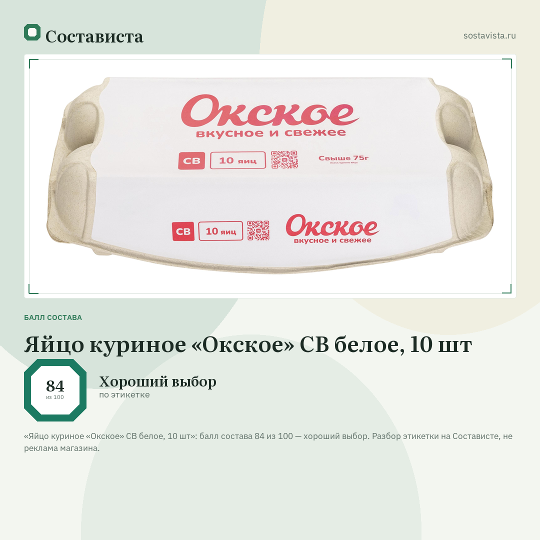 Яйцо куриное «Окское» СВ белое, 10 шт: балл состава 84 из 100 — Состависта