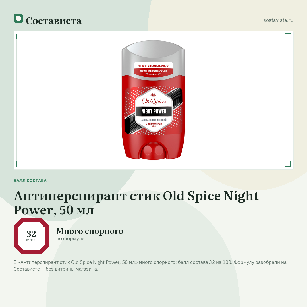 Антиперспирант стик Old Spice Night Power, 50 мл: балл состава 32 из 100 — Состависта