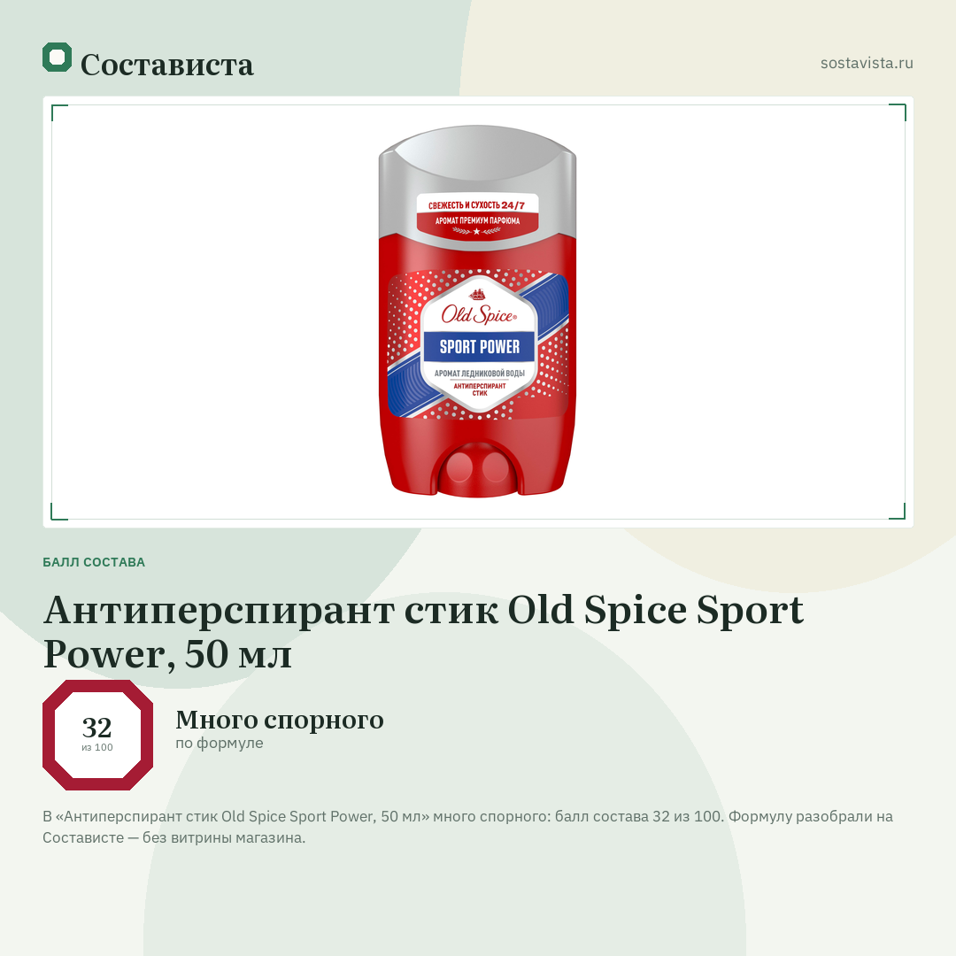 Антиперспирант стик Old Spice Sport Power, 50 мл: балл состава 32 из 100 — Состависта