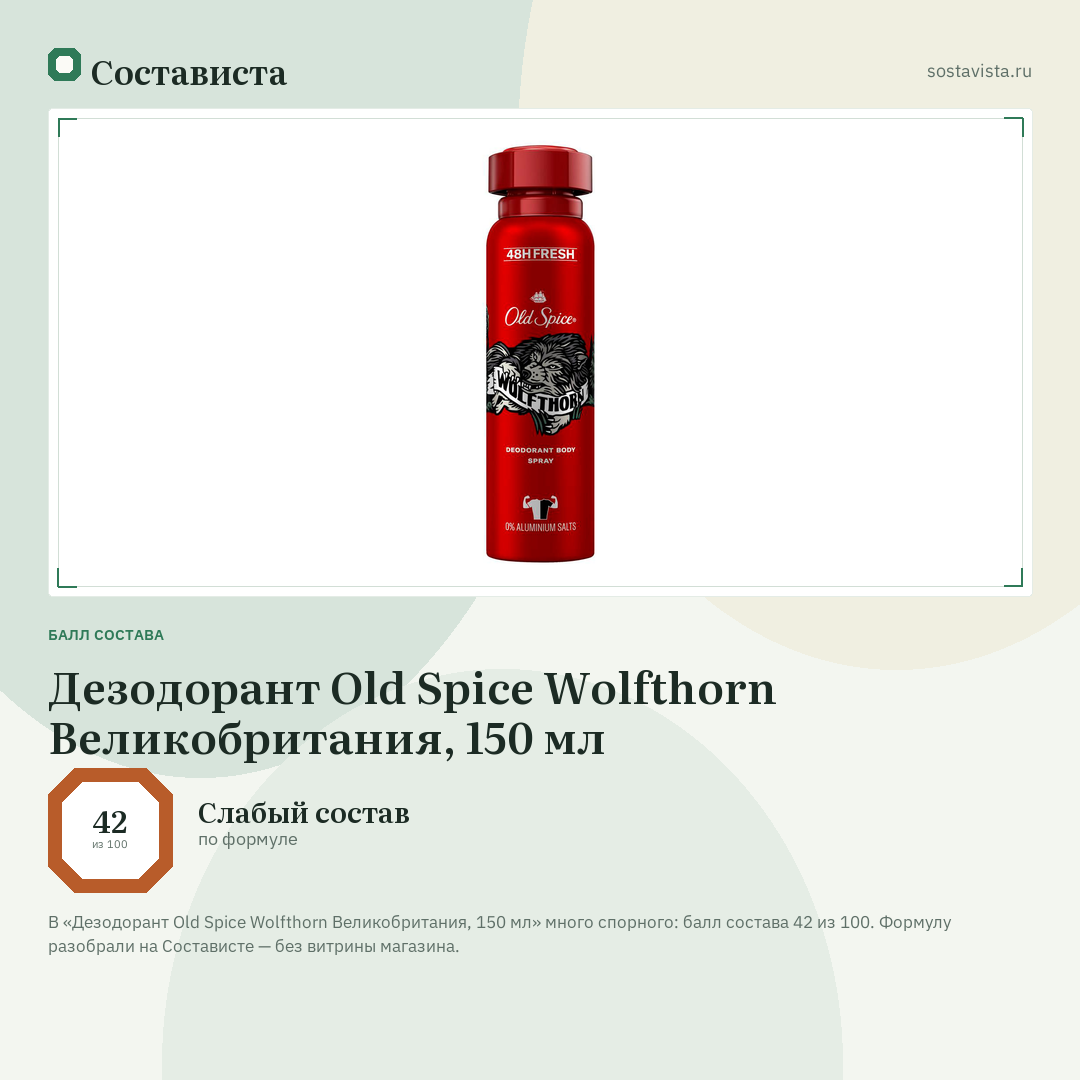 Дезодорант Old Spice Wolfthorn Великобритания, 150 мл: балл состава 42 из 100 — Состависта