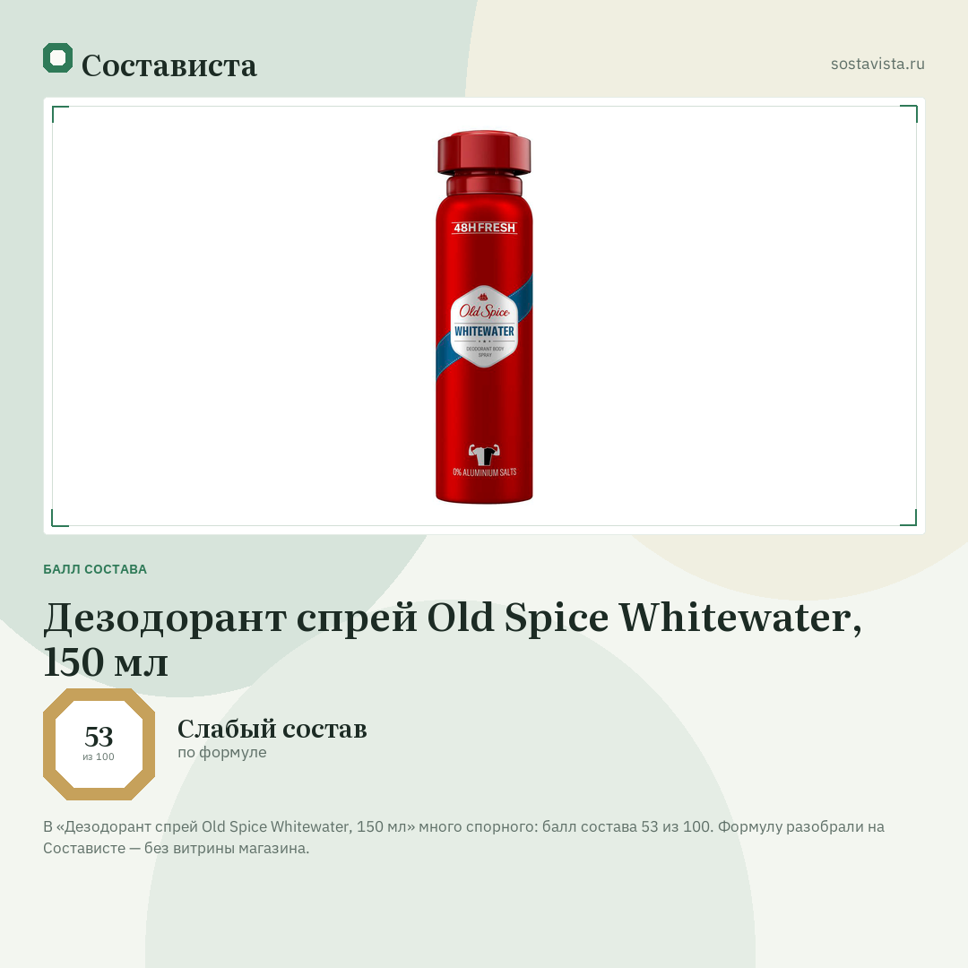 Дезодорант спрей Old Spice Whitewater, 150 мл: балл состава 53 из 100 — Состависта