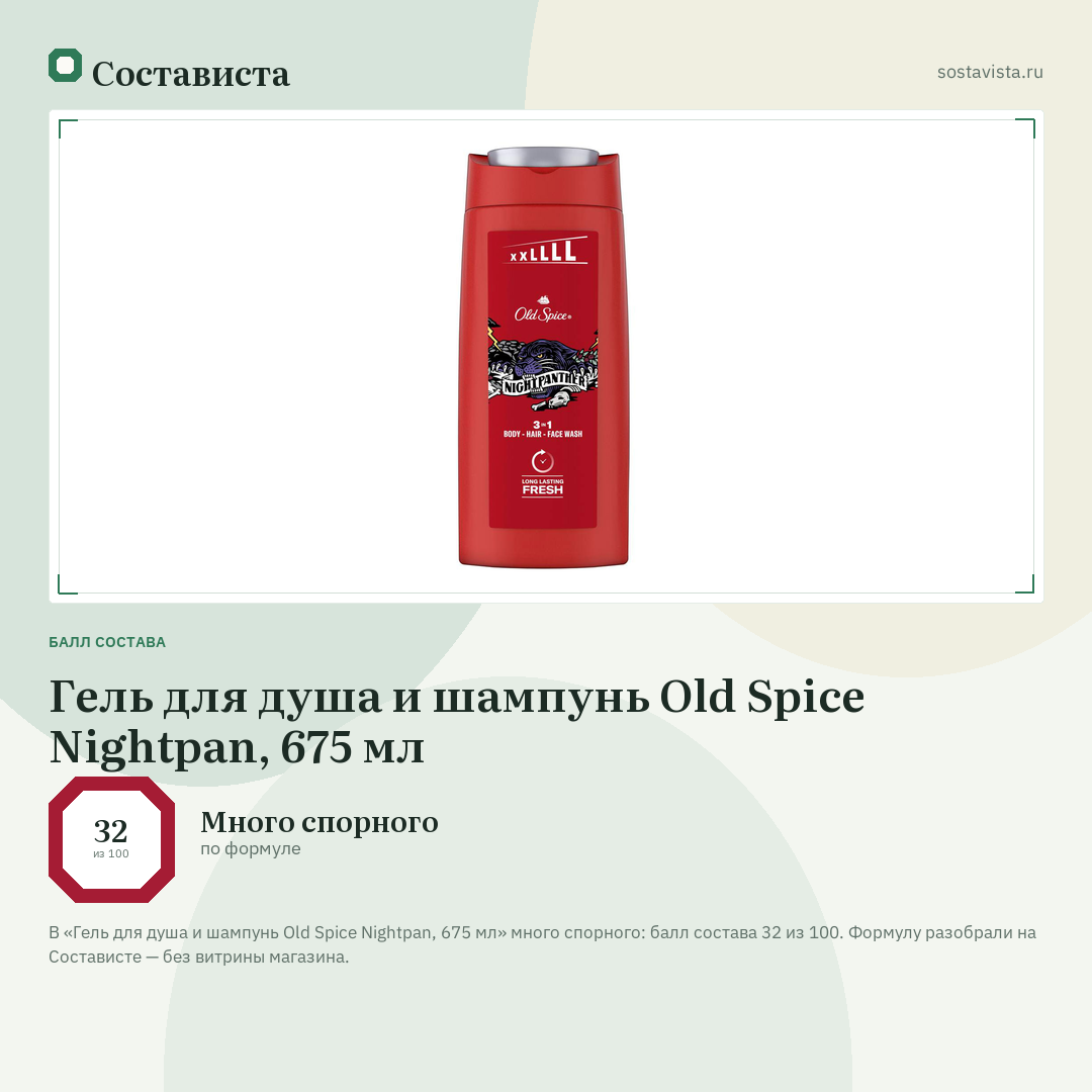 Гель для душа и шампунь Old Spice Nightpan, 675 мл: балл состава 32 из 100 — Состависта