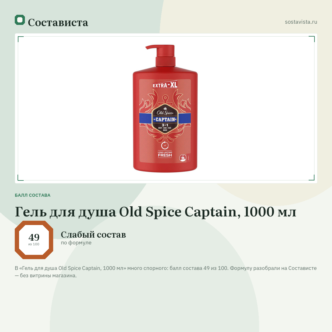 Гель для душа Old Spice Captain, 1000 мл: балл состава 49 из 100 — Состависта