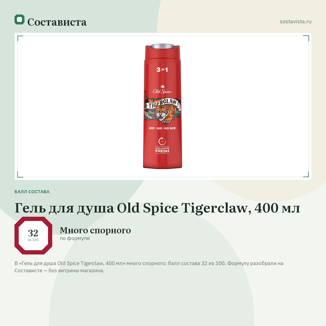 Гель для душа Old Spice Tigerclaw, 400 мл: балл состава 32 из 100 — Состависта