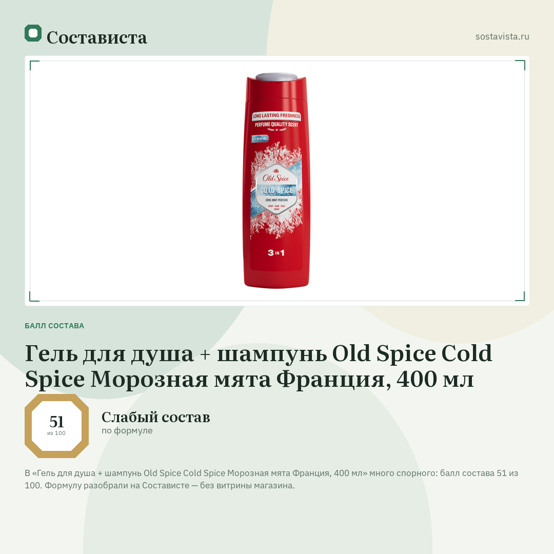 Гель для душа + шампунь Old Spice Cold Spice Морозная мята Франция, 400 мл: балл состава 51 из 100 — Состависта