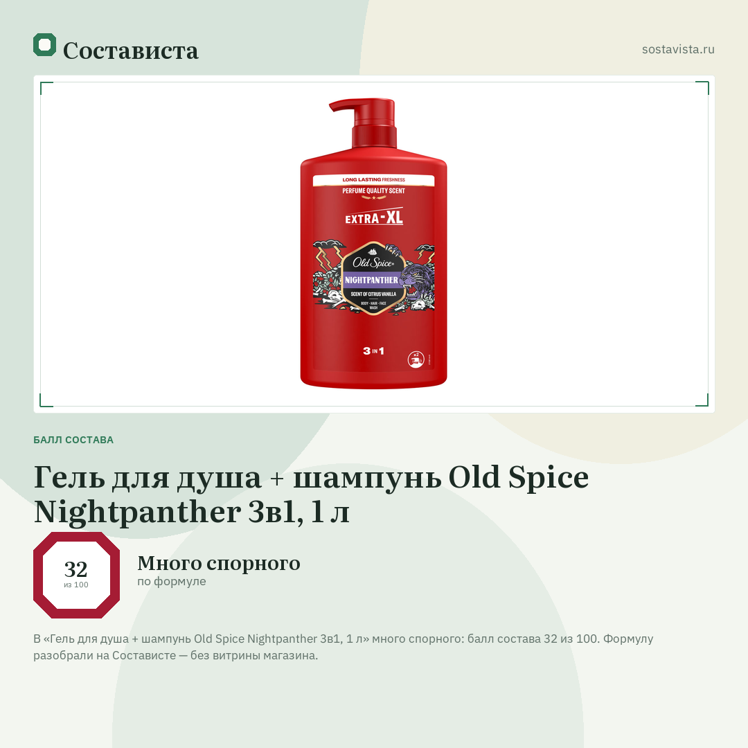 Гель для душа + шампунь Old Spice Nightpanther 3в1, 1 л: балл состава 32 из 100 — Состависта