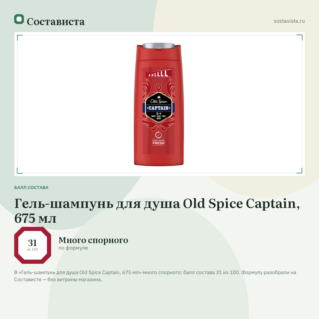 Гель-шампунь для душа Old Spice Captain, 675 мл: балл состава 31 из 100 — Состависта