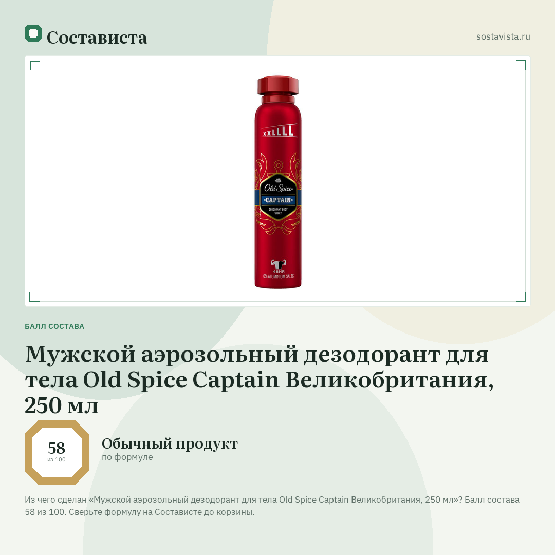Мужской аэрозольный дезодорант для тела Old Spice Captain Великобритания, 250 мл: балл состава 58 из 100 — Состависта