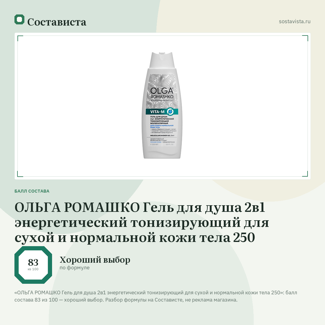 ОЛЬГА РОМАШКО Гель для душа 2в1 энергетический тонизирующий для сухой и нормальной кожи тела 250: балл состава 83 из 100 — Состависта