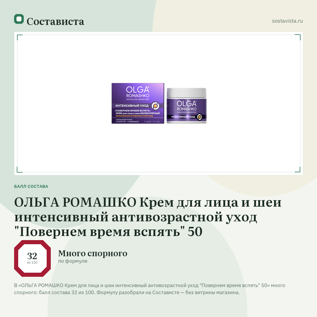 ОЛЬГА РОМАШКО Крем для лица и шеи интенсивный антивозрастной уход "Повернем время вспять" 50: балл состава 32 из 100 — Состависта