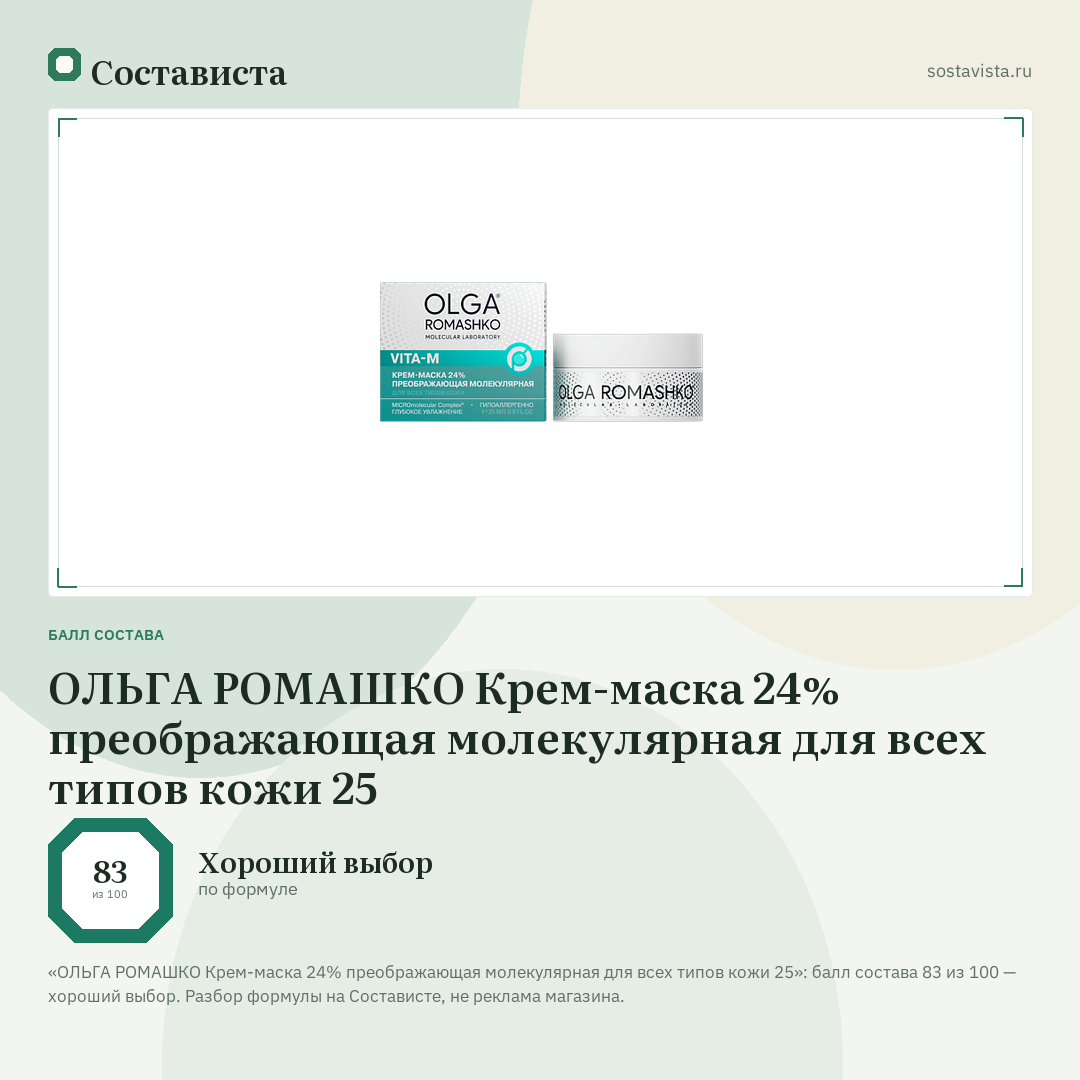 ОЛЬГА РОМАШКО Крем-маска 24% преображающая молекулярная для всех типов кожи 25: балл состава 83 из 100 — Состависта