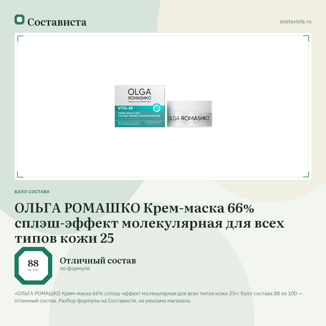 ОЛЬГА РОМАШКО Крем-маска 66% сплэш-эффект молекулярная для всех типов кожи 25: балл состава 88 из 100 — Состависта