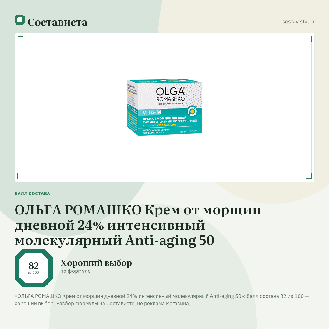 ОЛЬГА РОМАШКО Крем от морщин дневной 24% интенсивный молекулярный Anti-aging 50: балл состава 82 из 100 — Состависта