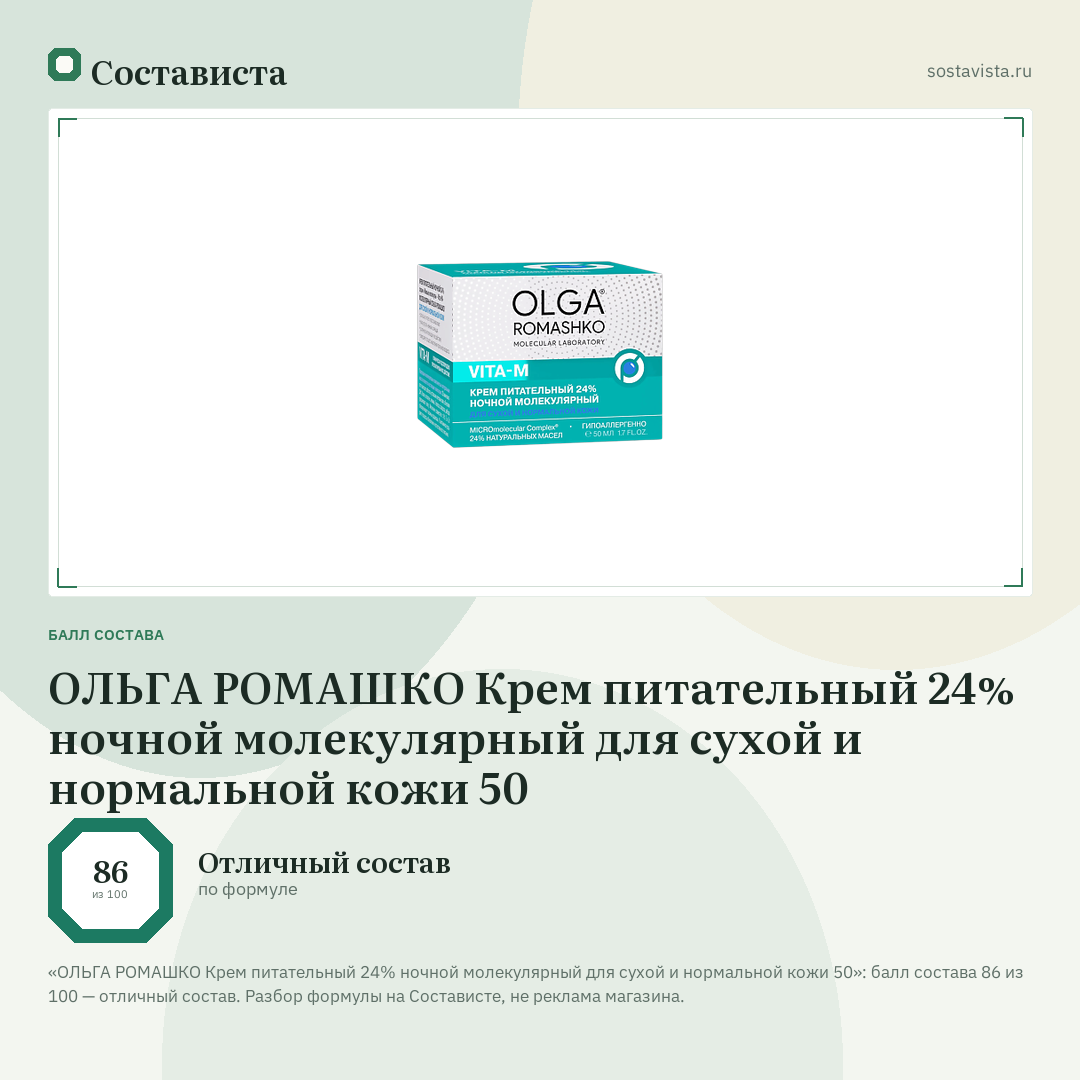 ОЛЬГА РОМАШКО Крем питательный 24% ночной молекулярный для сухой и нормальной кожи 50: балл состава 86 из 100 — Состависта
