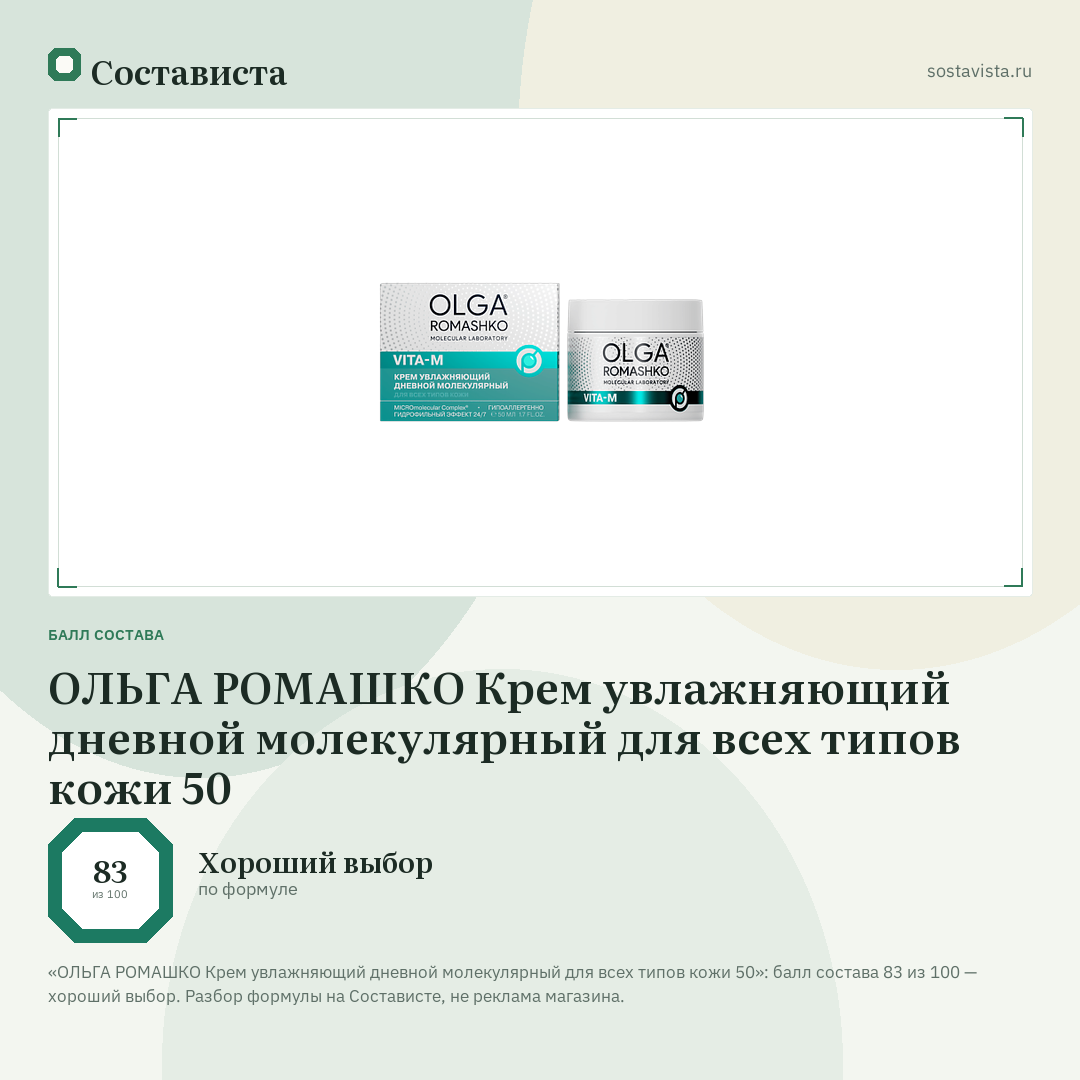 ОЛЬГА РОМАШКО Крем увлажняющий дневной молекулярный для всех типов кожи 50: балл состава 83 из 100 — Состависта
