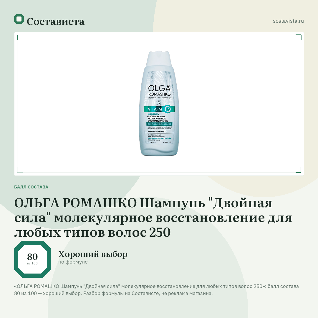 ОЛЬГА РОМАШКО Шампунь "Двойная сила" молекулярное восстановление для любых типов волос 250: балл состава 80 из 100 — Состависта