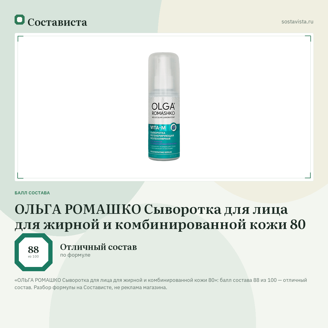 ОЛЬГА РОМАШКО Сыворотка для лица для жирной и комбинированной кожи 80: балл состава 88 из 100 — Состависта