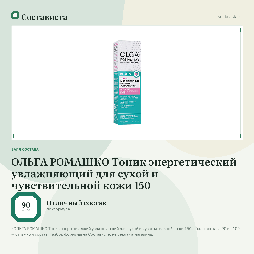 ОЛЬГА РОМАШКО Тоник энергетический увлажняющий для сухой и чувствительной кожи 150: балл состава 90 из 100 — Состависта