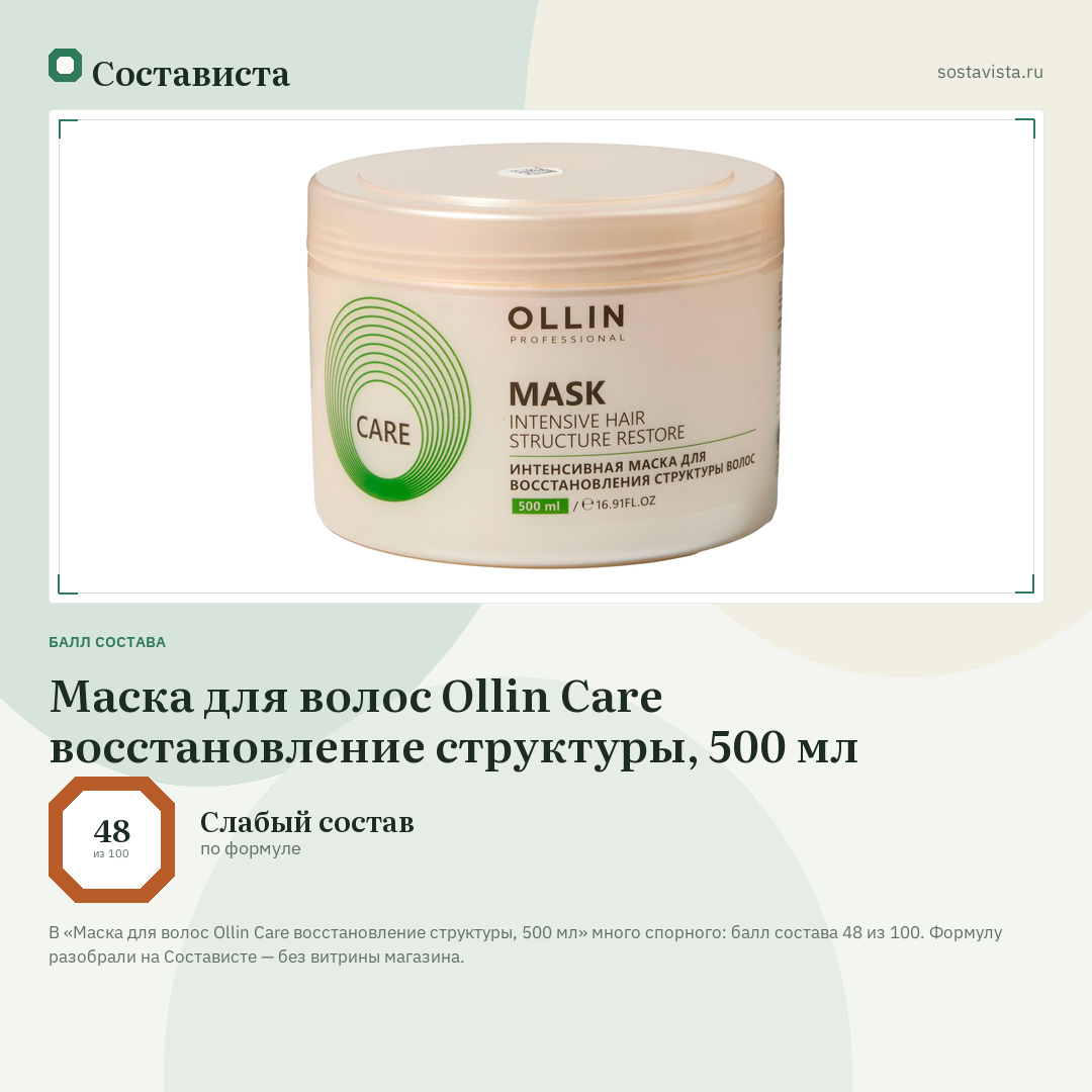 Маска для волос Ollin Care восстановление структуры, 500 мл: балл состава 48 из 100 — Состависта