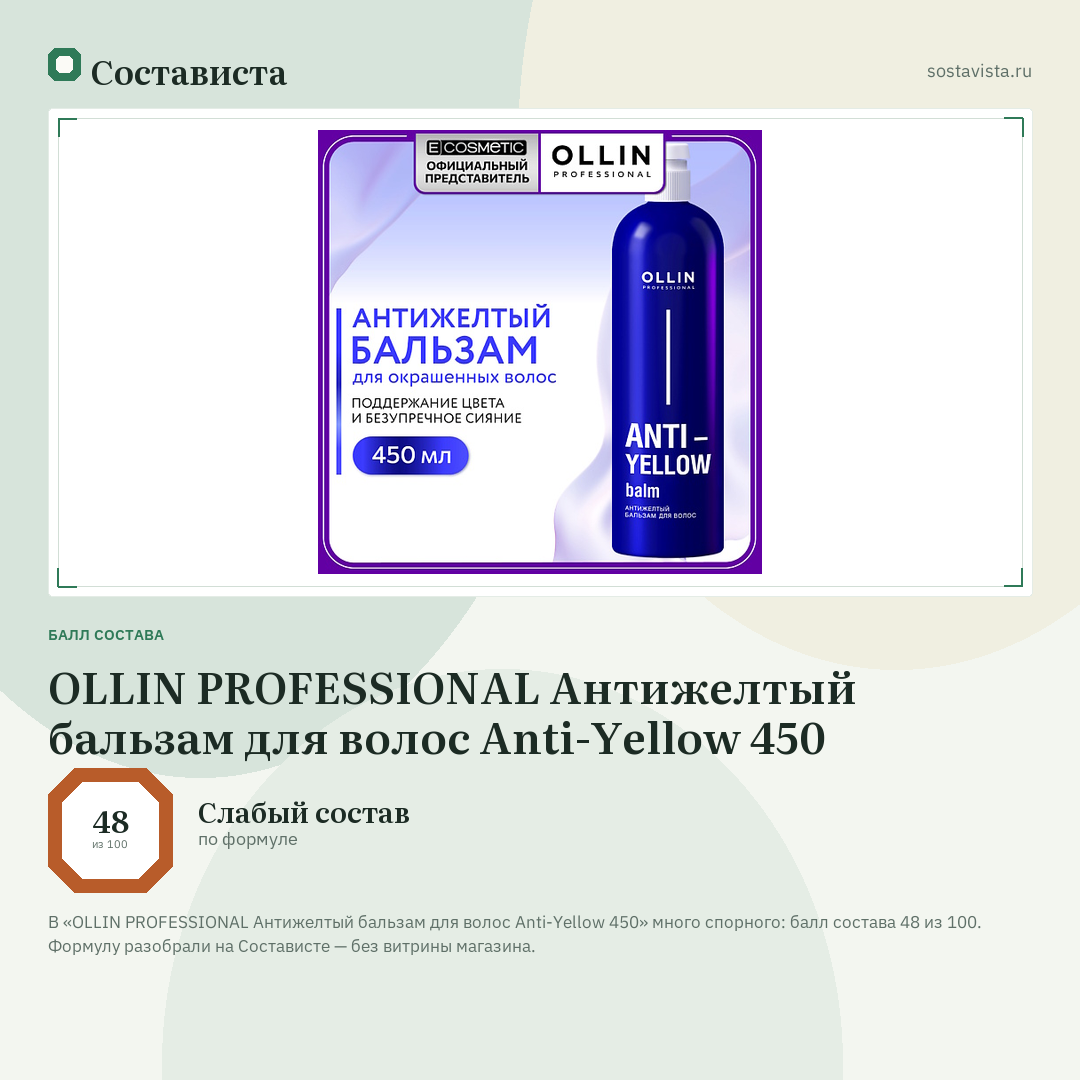 OLLIN PROFESSIONAL Антижелтый бальзам для волос Anti-Yellow 450: балл состава 48 из 100 — Состависта