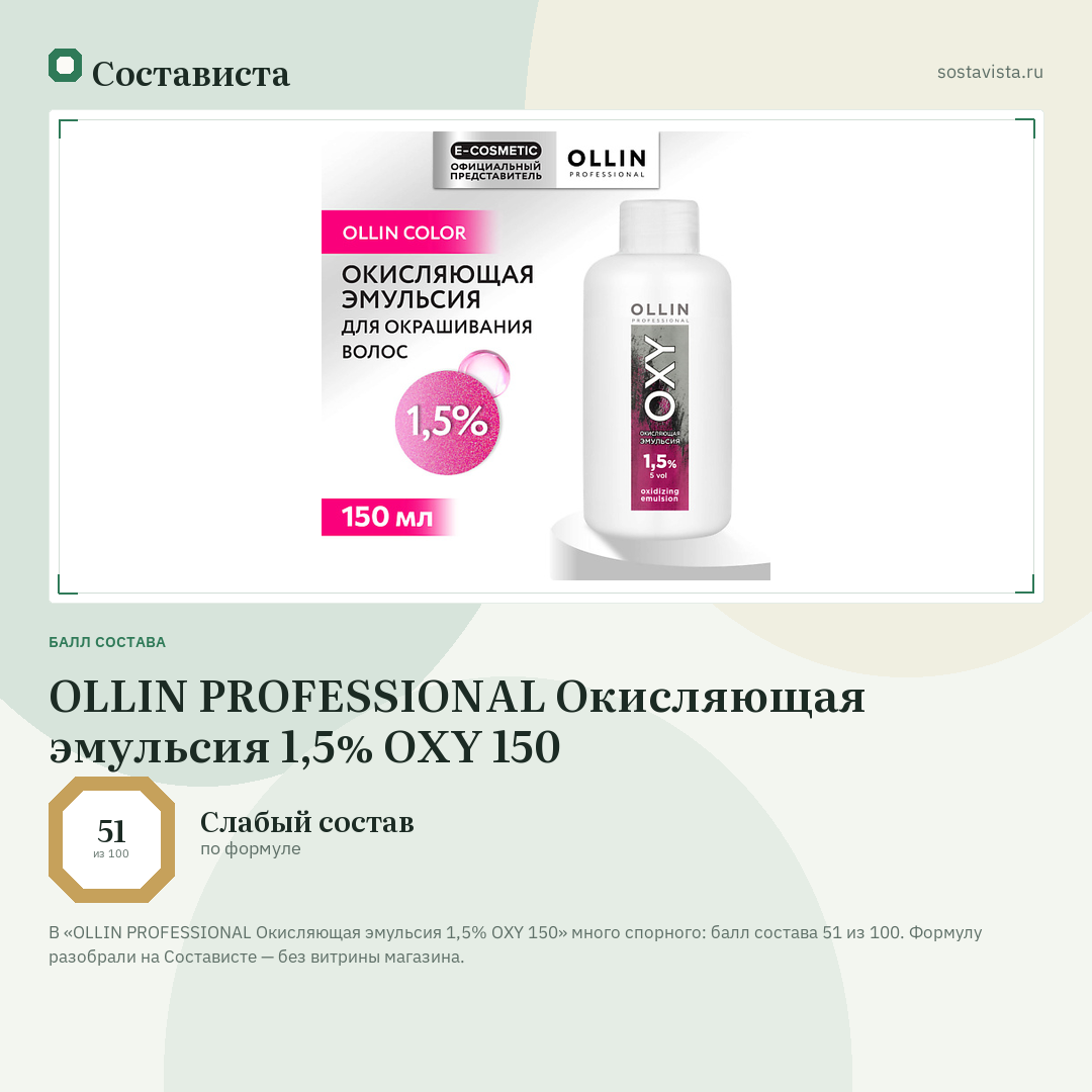 OLLIN PROFESSIONAL Окисляющая эмульсия 1,5% OXY 150: балл состава 51 из 100 — Состависта