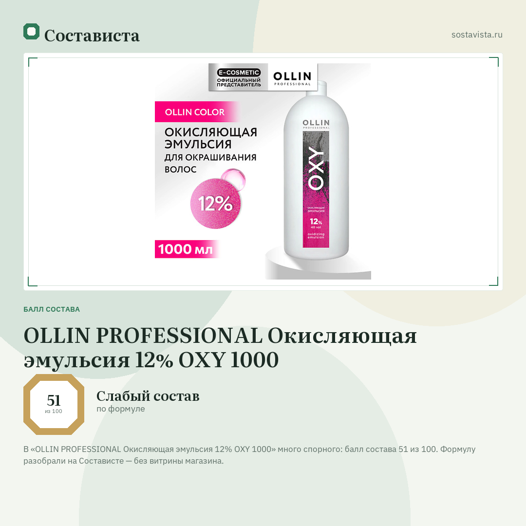 OLLIN PROFESSIONAL Окисляющая эмульсия 12% OXY 1000: балл состава 51 из 100 — Состависта
