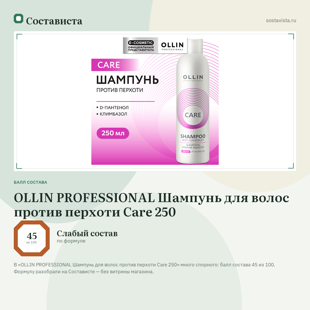 OLLIN PROFESSIONAL Шампунь для волос против перхоти Care 250: балл состава 45 из 100 — Состависта