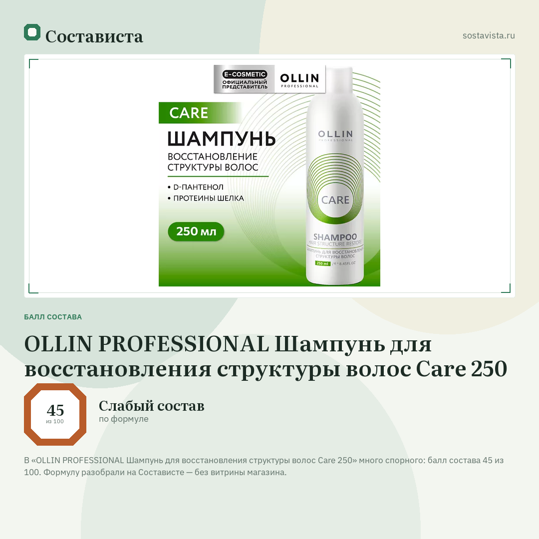 OLLIN PROFESSIONAL Шампунь для восстановления структуры волос Care 250: балл состава 45 из 100 — Состависта
