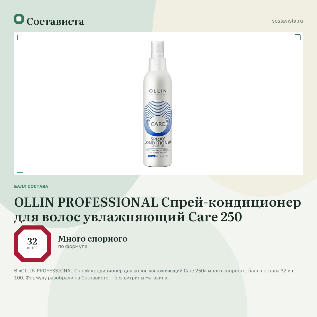 OLLIN PROFESSIONAL Спрей-кондиционер для волос увлажняющий Care 250: балл состава 32 из 100 — Состависта