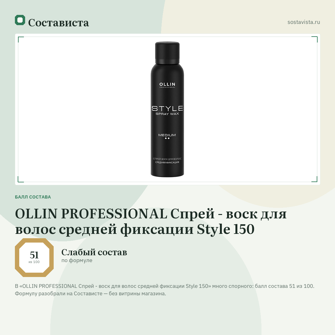 OLLIN PROFESSIONAL Спрей - воск для волос средней фиксации Style 150: балл состава 51 из 100 — Состависта