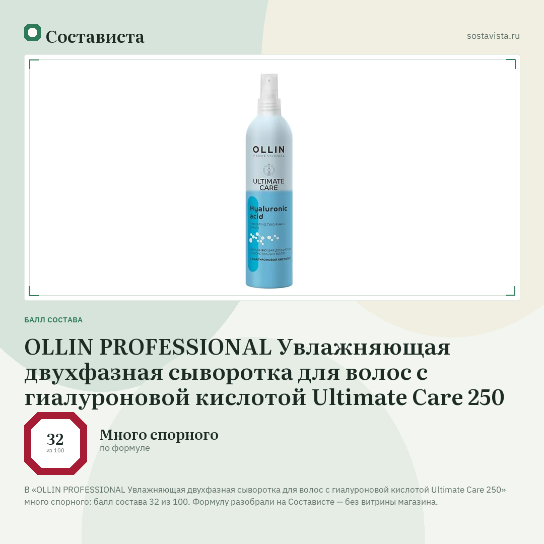 OLLIN PROFESSIONAL Увлажняющая двухфазная сыворотка для волос с гиалуроновой кислотой Ultimate Care 250: балл состава 32 из 100 — Состависта