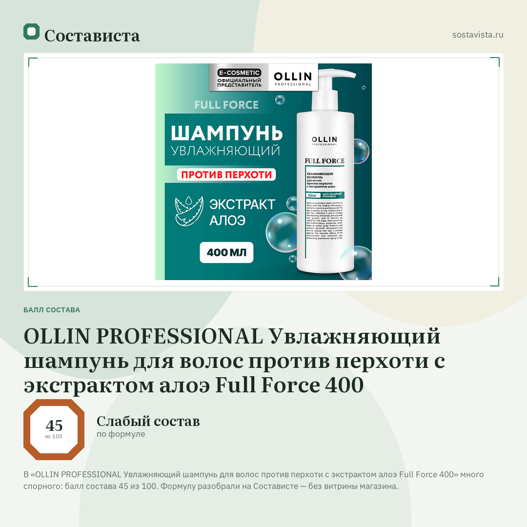 OLLIN PROFESSIONAL Увлажняющий шампунь для волос против перхоти с экстрактом алоэ Full Force 400: балл состава 45 из 100 — Состависта