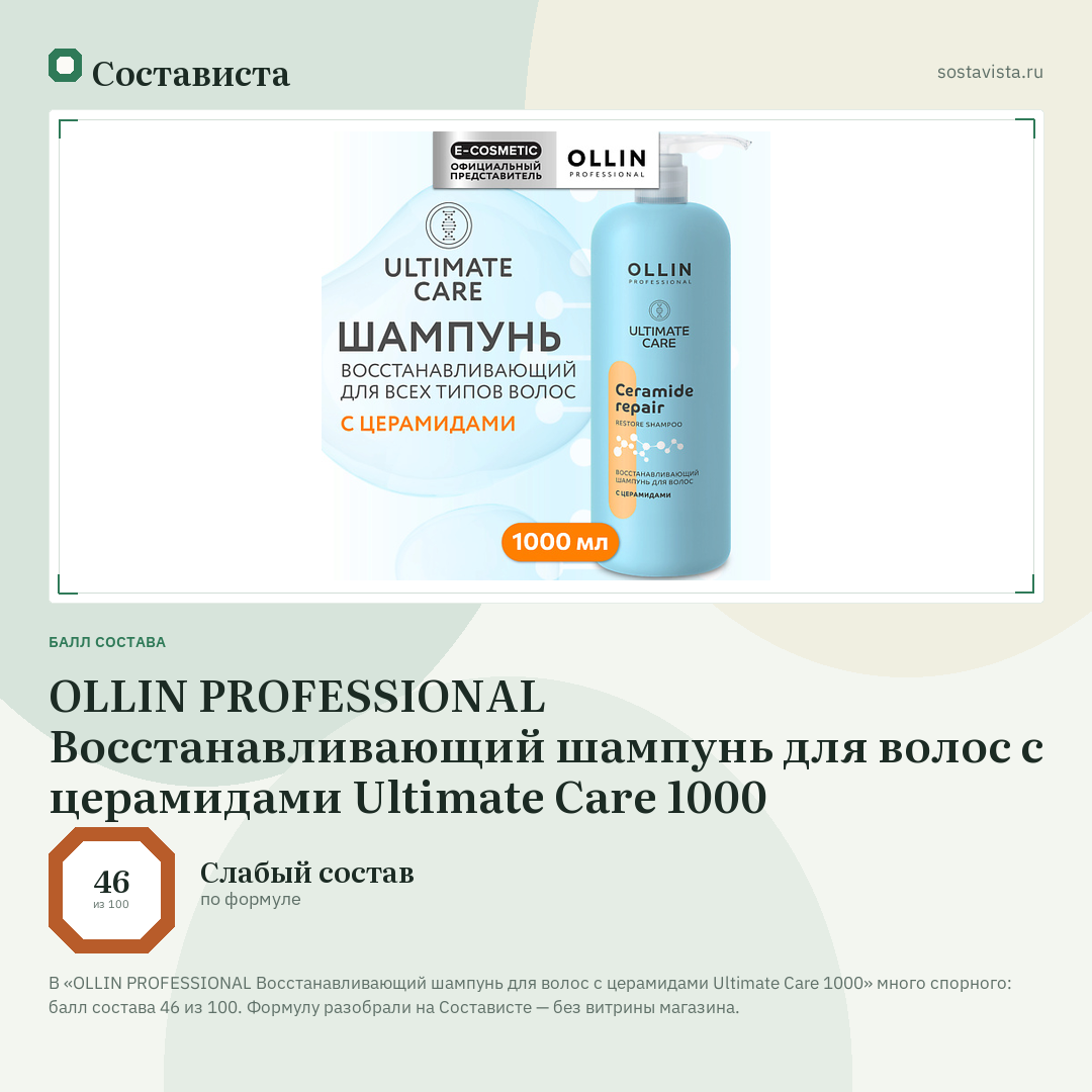 OLLIN PROFESSIONAL Восстанавливающий шампунь для волос с церамидами Ultimate Care 1000: балл состава 46 из 100 — Состависта
