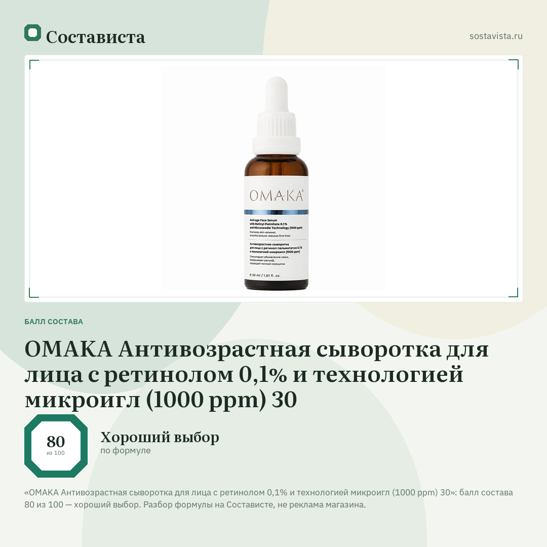 OMAKA Антивозрастная сыворотка для лица с ретинолом 0,1% и технологией микроигл (1000 ppm) 30: балл состава 80 из 100 — Состависта