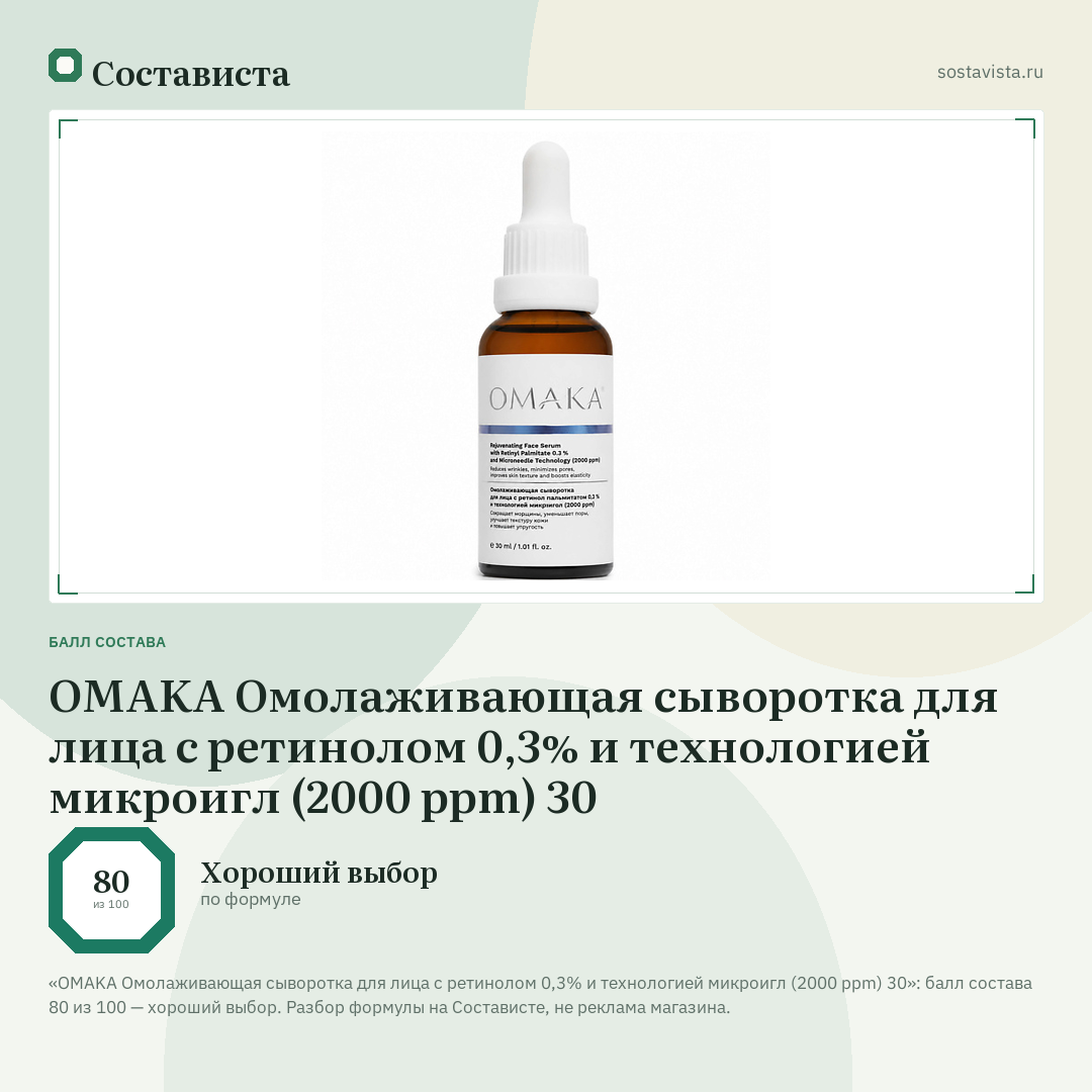 OMAKA Омолаживающая сыворотка для лица с ретинолом 0,3% и технологией микроигл (2000 ppm) 30: балл состава 80 из 100 — Состависта