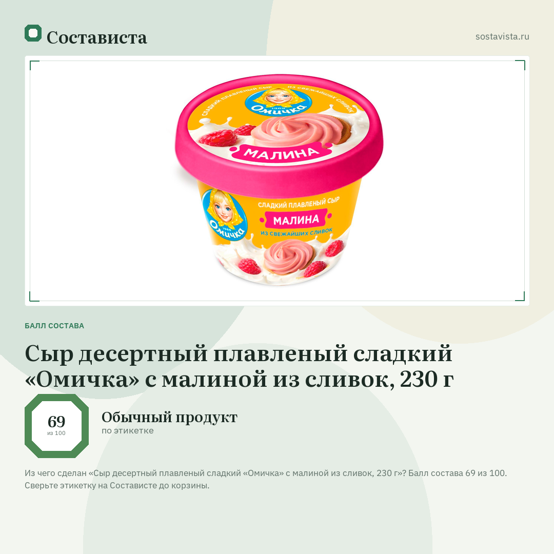Сыр десертный плавленый сладкий «Омичка» с малиной из сливок, 230 г: балл состава 69 из 100 — Состависта